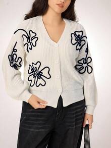 SHEIN LUNE Plus Size Women Colorblock Floral Casual Knit Cardigan - Apricot - View 3