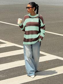 Muchica Women's Regular Striped Pattern Crew Neck Long Sleeve Pullover Sweater - Mint Green - View 3