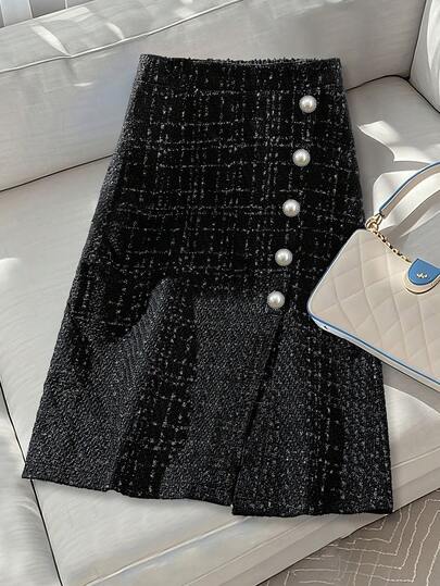 GlowEve CURVE 大码女式优雅粗花呢斜襟金属纽扣缀饰半身裙，秋冬