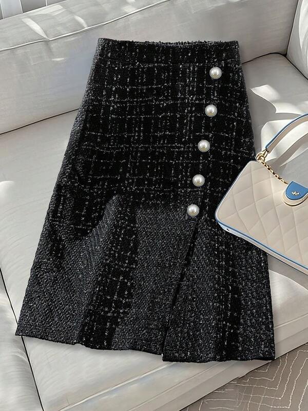 Regalyn Jupe élégante en tweed avec patte oblique et boutons métalliques pour femmes grandes tailles, automne/hiver
