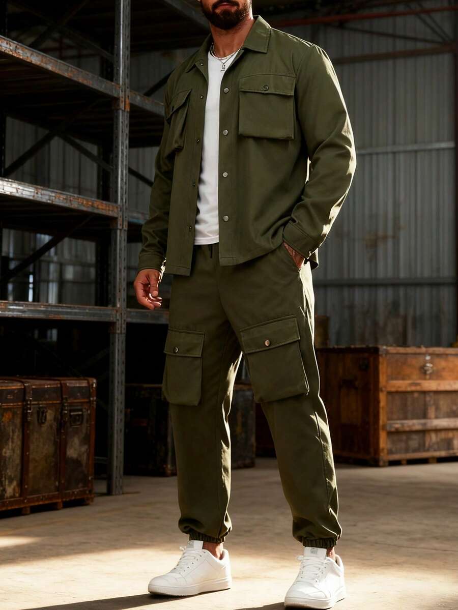 Manfinity Homme 男士纯色口袋休闲夹克和工装裤套装，男士两件套卡其色服装，秋季服装 - 軍綠色 - 查看 1