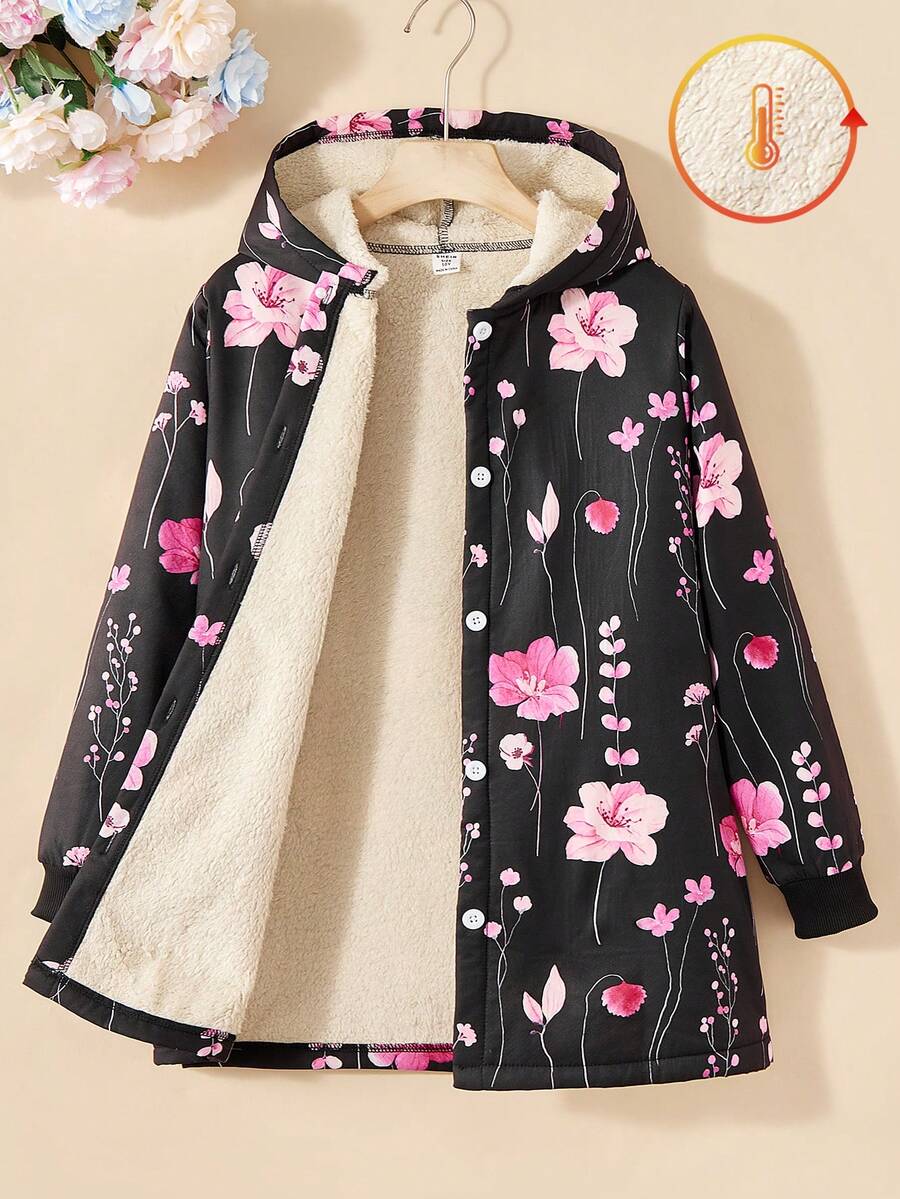SHEIN Vintaside Kids 女童连帽加厚复古碎花中长保暖外套,秋冬、假日、夏季、旅行皆宜,女童碎花外套,女童抓绒外套,女童保暖内衬外套,女童冬季外套 - 黑色 - 查看 1