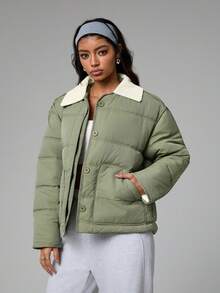 SHEIN Dewbera Women's Thick Loose Fit Green Collar Sports Padded Coat Puffer Jacket Women Puffer Jacket Cropped Puffer Jacket Women Jacket Puffer Coat Green Jacket - Green - View 6
