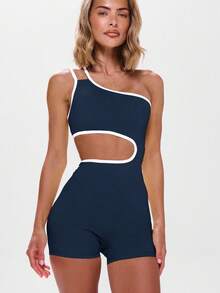 Musera Sport 不对称领口撞色滚边镂空连体运动服，适合健身、板式网球、网球、匹克球、健身房、秋季瑜伽、普拉提、日常休闲穿着。 - 藏蓝色 - 查看 2