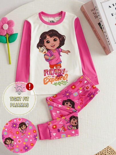 DORA | SHEIN Young Girl Cartoon Cute Dora Heart & Floral All-Over Print Knit Crew Neck Colorblock Top & Pants Snug Fit Pajama Set Tight Fit Pajamas Dora Pajamas