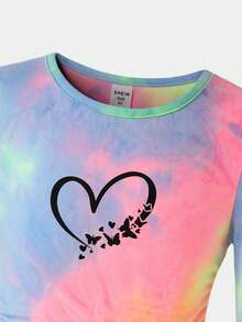 SHEIN 2件套年轻女孩扎染圆领褶皱休闲T恤和喇叭裤套装 - 彩色 - 查看 7