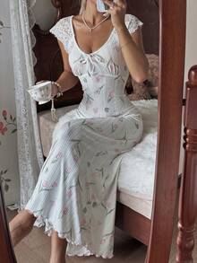 CottageSlumber Tulip Pattern Cuff Lace Trim Comfortable Casual Women Nightgown - White - View 5