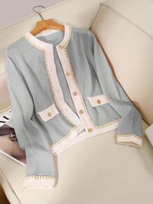 GlowEve 女士优雅百搭撞色链条装饰开衫，秋冬 - 淺灰色 - 查看 4