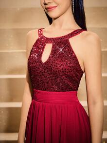 Rochie maxi elegantă din tul, cu paiete, fără spate, pentru adolescente, potrivită pentru absolvire, nuntă, bal, Halloween, Crăciun, vișinie; Rochie de prințesă la modă, cu tiv din plasă și burete, potrivită pentru întoarcerea la școală