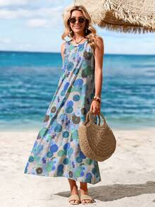 Sylviya Women's Casual Floral Print Round Neck Sleeveless Dress, Vacation Dresses - Multicolor - View 5