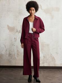 SHEIN LUNE 全新女式纯色翻领系带夹克套装 - 酒紅色 - 查看 3