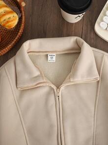 SHEIN Tween Girls' Front Zip Long Sleeve Minimalist Cropped Sweatshirt, Casual Everyday Wear, Graduation Long Sleeve Top, Back To School Autumn Winter