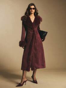 Poéselle Women's Elegant Vintage Patchwork Faux Fur Collar Tie Front Long Coat,Burgundy Coat, Winter Coats For Women,Christmas For Women, New Year's For Women, Party,Red Tops For Women,Suitable For Daily Wear, Going Out, Commuting Fall/Winter,Burgundy Coat - Burgundy - View 2
