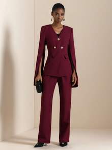 Vesra Conjunto de traje con cuello en V, falso bolsillo, mangas acampanadas y bajo con abertura - Rojo violeta - Ver 4