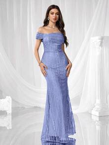 Coutiva 优雅刺绣露肩鱼尾裙摆正式晚礼服，适合婚礼宾客、毕业典礼、派对、圣诞节、秋冬季节、情人节等场合穿着。 - 紫丁香色 - 查看 11