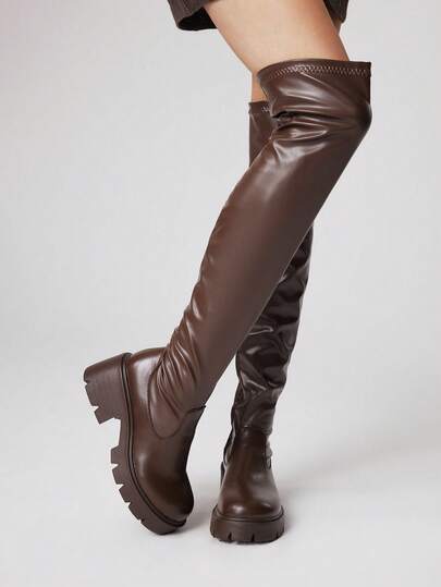 Women's Thick Sole Chunky Heel Fashionable Versatile Over-The-Knee Boots