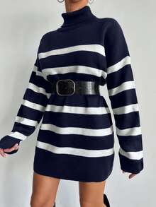 SHEIN Tall Tall Size Women's Turtleneck Oversized Drop Shoulder Long Sleeve Long Sweater - Navy Blue - View 4