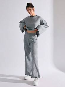 EURMUSE Color Block Trim Crop Knitted Sweater And Long Pants Set, Casual For Autumn/Winter - Grey - View 6