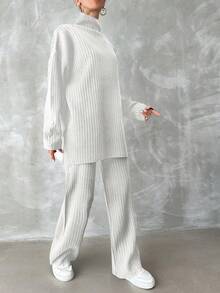 EURMUSE Turtleneck Drop Shoulder Split Hem Sweater & Knit Pants - White - View 3