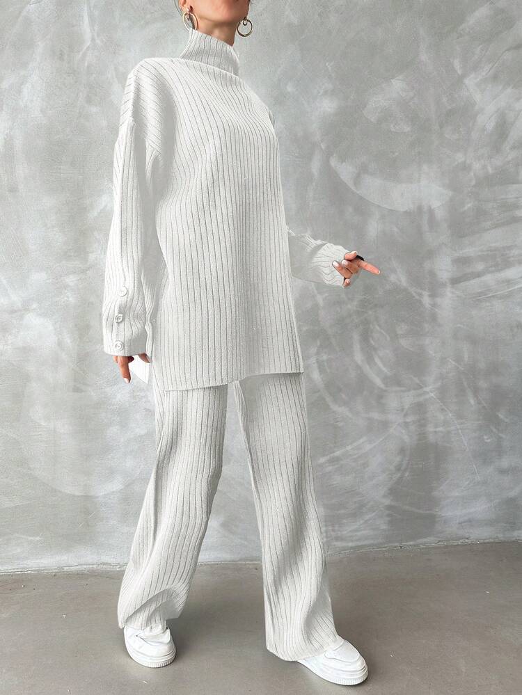 EURMUSE Turtleneck Drop Shoulder Split Hem Sweater & Knit Pants - White - View 3