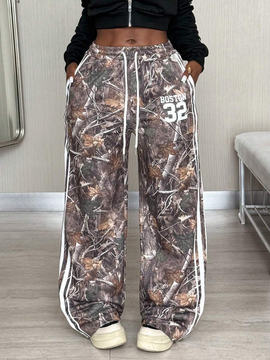 Coolane 女式 Y2K 抽绳腰斜口袋休闲图案运动裤 - 棕色 - 查看 1