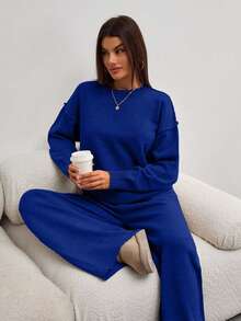 EURMUSE Women Round Neck Rib Knitted Sweater And Sweater Pant 2pcs Sets Co-Ord - Royal Blue - View 7