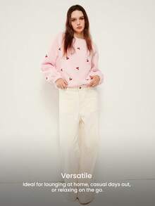 LUVLETTE 冬季基础款柔软保暖女式圆领套头衫长袖长裤睡衣家居服两件套粉色樱桃图案圣诞节新年睡衣款式 2025 - 粉色 - 查看 7