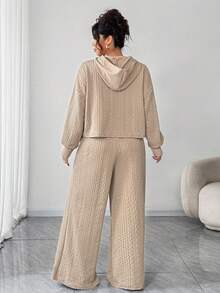 Elenzga Plus Size Women Loose Hooded Textured Two Pieces Set, Casual For Daily Commute