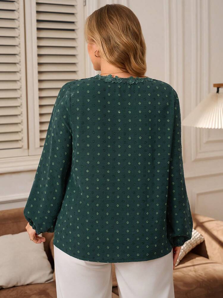 Plus Size Elegant Commuter Polka Dot Textured Green Shirt, Autumn/Winter,2025 New