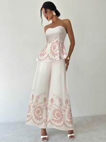 Firerie Conjunto de 2 piezas de verano con top tubo asimétrico de estampado de color contrastante y pantalones de pierna ancha de cintura alta, elegante, refinado y romántico para vacaciones y uso diario