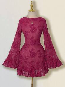 SHEIN ICON Women's Elegant Backless Lace Patchwork Flare Sleeve Ruffle Hem Mini Dress, Solid Cream Color - Hot Pink - View 3