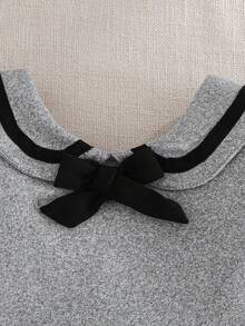 Souflis Souflis Baby Girl Cute Grey Autumn School Dress,Retro Elegant Collegiate Peter Pan Collar Knit Elastic Fabric Contrast Color Bow Decor Striped Outfit,3M-3Y - Grey - View 5