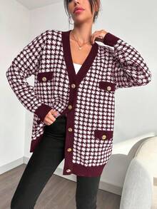SHEIN Cottnline Women's V-Neck Long Sleeve Button Down Cardigan With Houndstooth Print - Maroon - View 4
