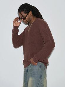 Modcrash 男女皆宜的宽松版型串珠图案休闲学院风套头毛衣，圆领，长袖落肩设计，简约风格，秋冬季保暖。 - 棕色 - 查看 4