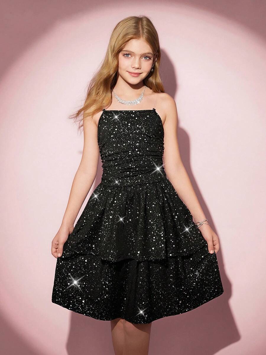 褶皱无袖迷你连衣裙，全新夏季设计，亮片和荷叶边下摆，无肩带 - 黑色 - 查看 1