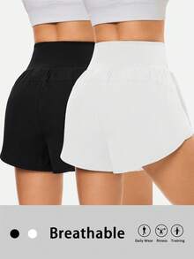 Easithlete 2pcs/Set Casual Versatile Asymmetrical Waistband Design Slim Fit Letter Print Sports Shorts Gym Shorts Pack Women Loose Workout Shorts - Multicolor - View 2