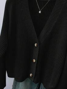 SHEIN Teen Girls' Solid V-Neck Cropped Casual Loose Drop Shoulder Long Sleeve Cardigan Sweater, Autumn - Black - View 5