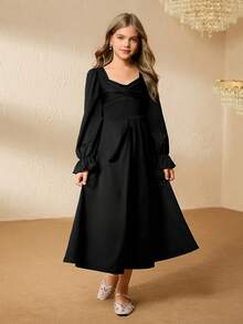 Tween Girl Elegant Minimalist Vintage Square Neck Regular-Shoulder Long Sleeve High Waist Maxi Solid Color Dress, Tween Girl Black Dress, Fashionable Dress For Autumn, All Season School Dress