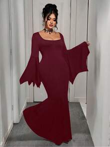 EMERY ROSE Váy phù thủy phong cách Gothic cỡ lớn cho nữ, áo choàng cổ tròn tay cánh dơi cổ điển, áo choàng dài co giãn đuôi tiên cá Halloween mới - Màu đỏ tím - Xem 4