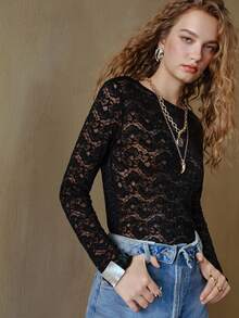 MOTF STUDIO LACE SHEER KNIT LONG SLEEVE T-SHIRT - Black - View 1