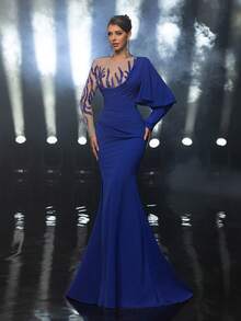 Glamrae Elegant And Gorgeous Navy Blue Luxurious Glossy Knitted Hand-Stitched Floral Decoration Round Neckline Long Sleeves See-Through Sexy With Floating Pieces Slits And Pleated Fishtail Skirt With A Train Suitable For Happy Parties, Dates, Gatherings, Formal Occasions, Festive Holidays And Dinner Dresses (Heavy Workmanship)