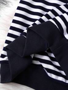 SHEIN Teen Girl Lightweight Knit Color Block Striped Heart Graphic Loose Casual Crew Neck Sweatshirt, Suitable For Holiday And Spring Festival Autumn Winter - Navy Blue - View 5
