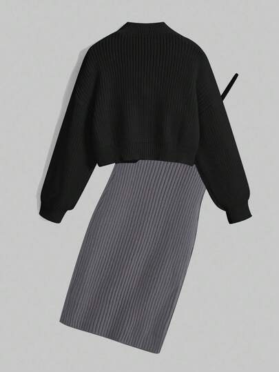 Kawaii Robe décontractée à fines bretelles côtelées pour femmes, ensemble 2 pièces avec cardigan décoré d'un nœud