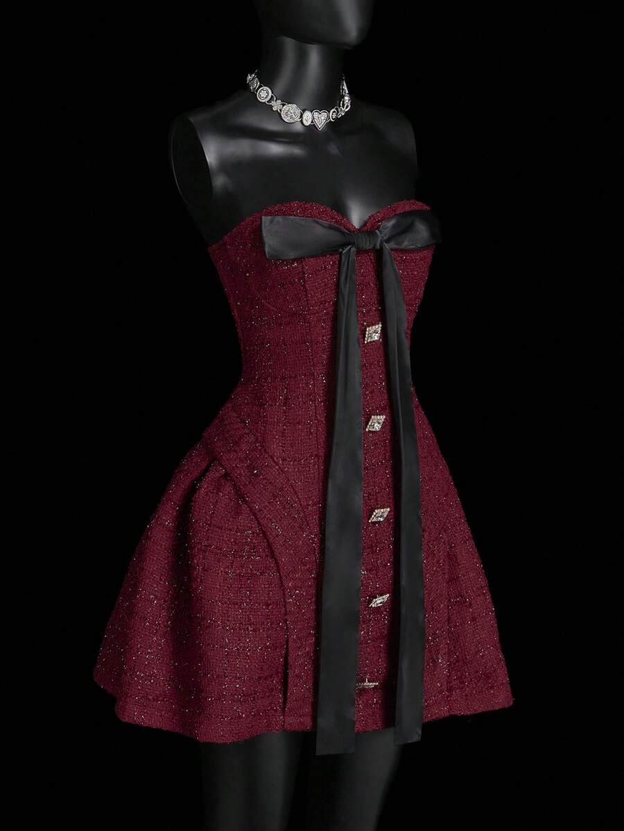 SHEIN ICON 女式优雅复古拼色蝴蝶结装饰迷你抹胸连衣裙 - 紅色和黑色 - 查看 1