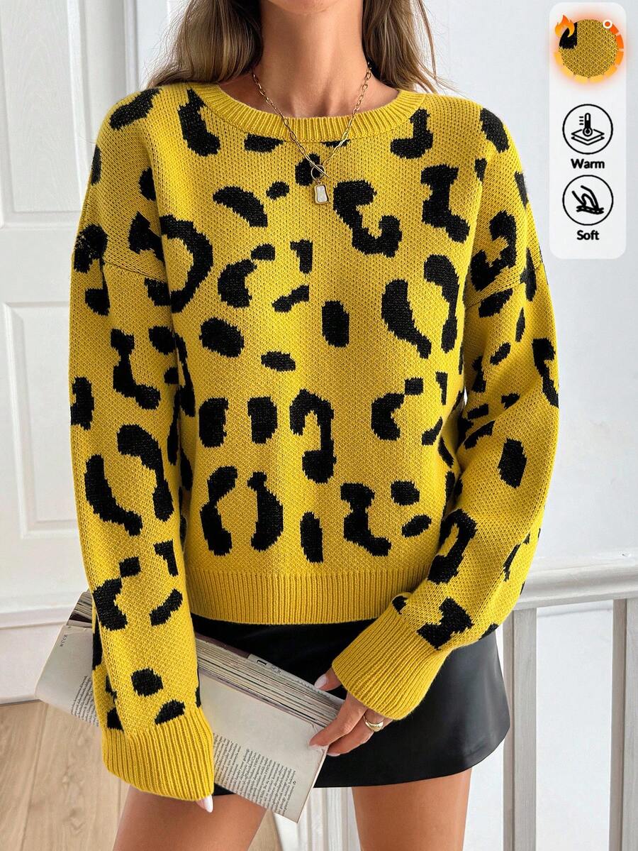 SHEIN Tall Pull doux et chaud en jacquard léopard, style décontracté pour grandes tailles