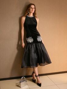 MOTF PREMIUM WOMEN'S VELVET SLEEVELESS PATCHWORK MERMAID HEM CHIC DRESS, AUTUMN/WINTER - Black - View 5
