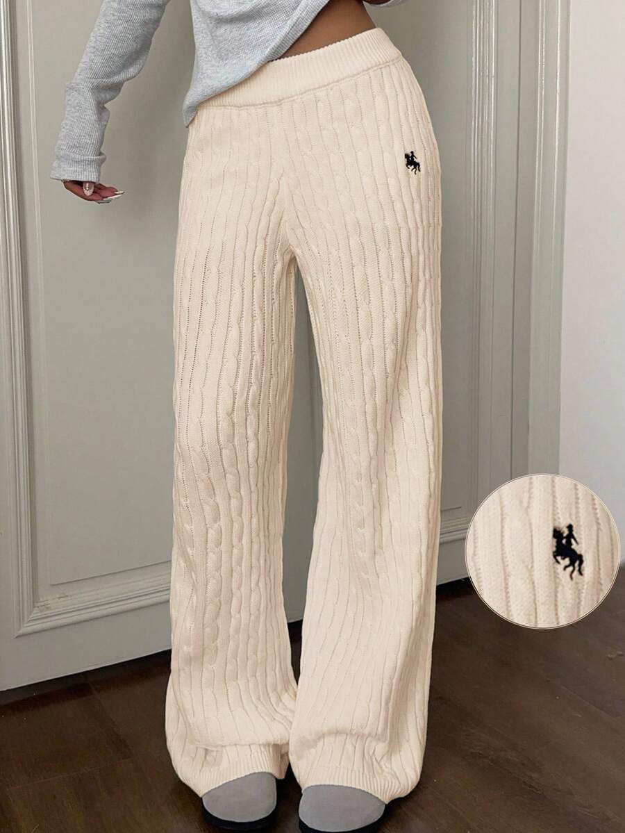 CovetEZ 女式秋冬刺绣细节麻花针织宽松裤 - 杏色 - 查看 1