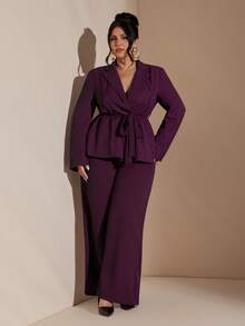 SHEIN BAE Conjunto de traje casual y elegante de manga larga con cruce envolvente para mujer de talla grande