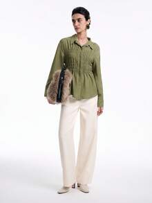 Aalyst Áo kiểu Pháp thanh lịch sang trọng thường ngày đi làm đi chơi văn phòng phong cách cổ điển màu trơn vải lanh xương cá cổ áo sơ mi có dây rút eo dáng chữ A tay dài, phù hợp cho mùa xuân, mùa thu và mùa đông - xanh quân đội - Xem 3