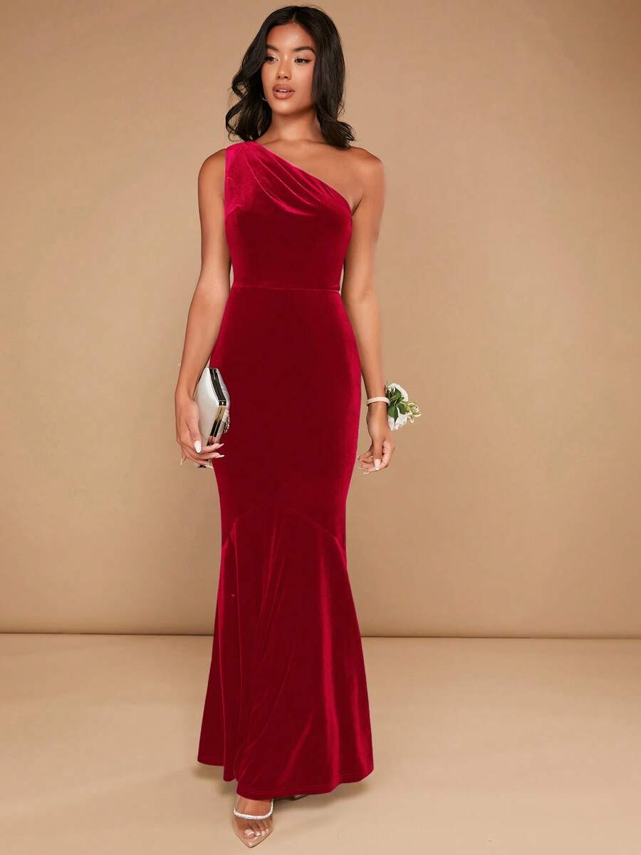 SHEIN Belle 女式优雅单肩鱼尾下摆连衣裙，夏季 - 紅色 - 查看 1